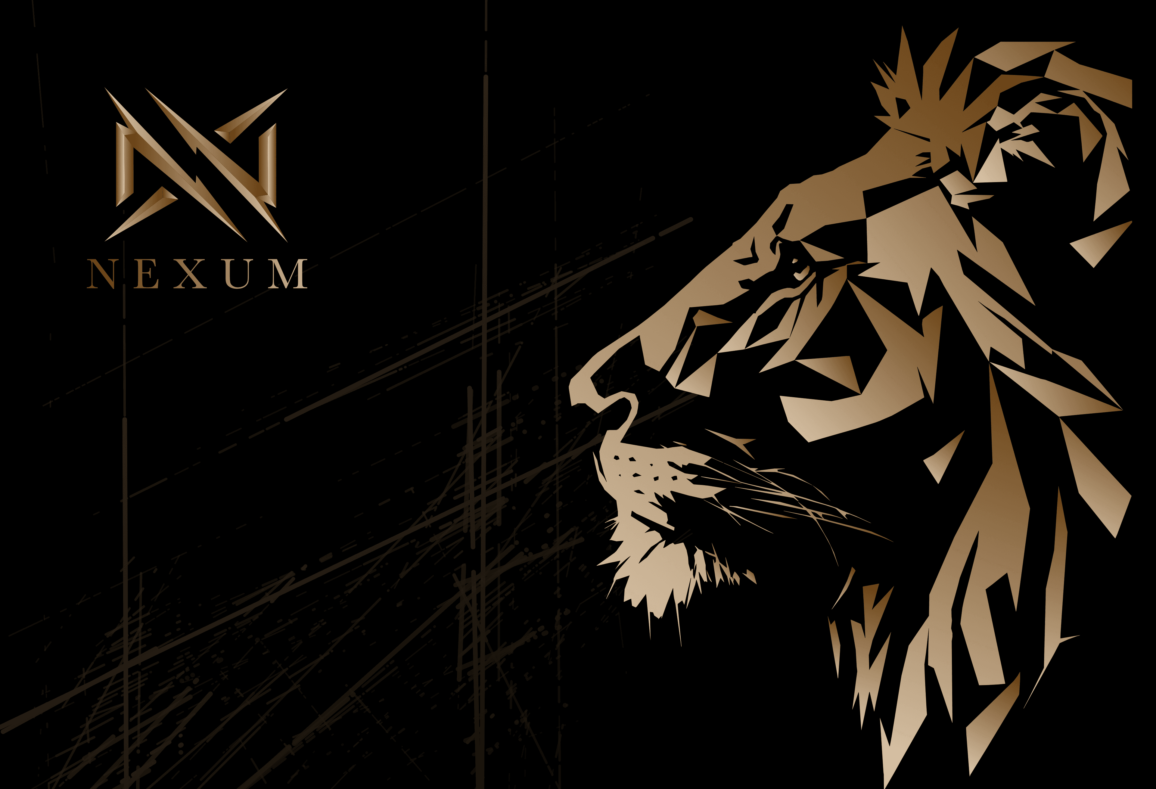 Capa do álbum Nexum: logotipo à esquerda, ranhuras douradas ao fundo e o perfil do leão low poly à direita